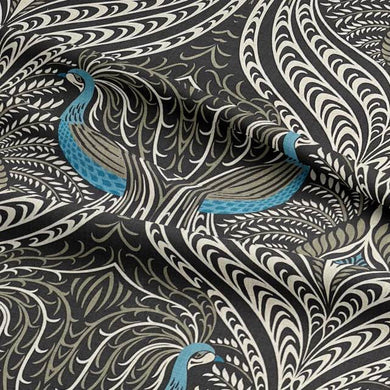 Deco Peacock Cotton Linen Curtain Fabric For Sale - Ebony