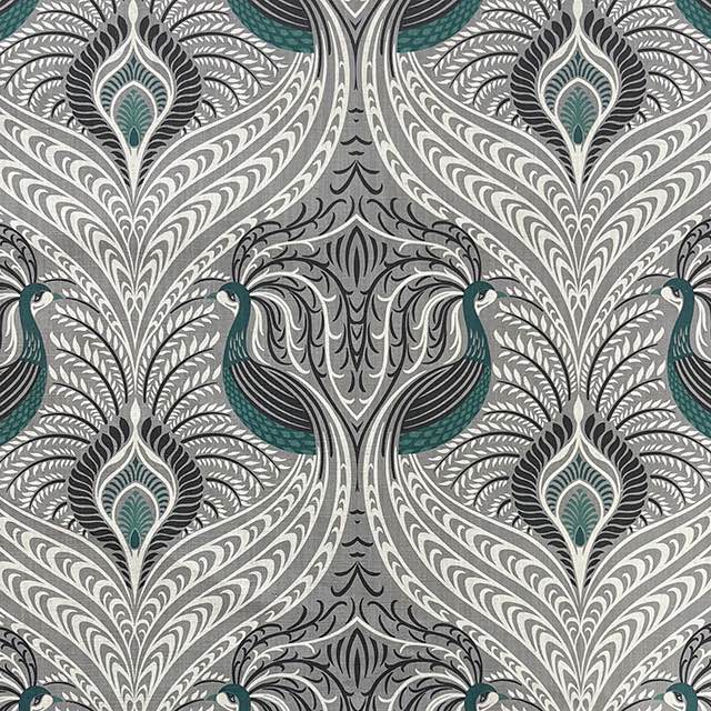 Deco Peacock Cotton Linen Curtain Fabric - Grey