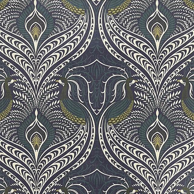 Deco Peacock Cotton Linen Curtain Fabric - Navy