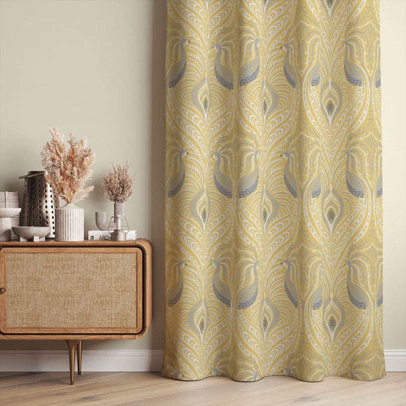 Deco Peacock Linen Curtain Fabric - Ochre