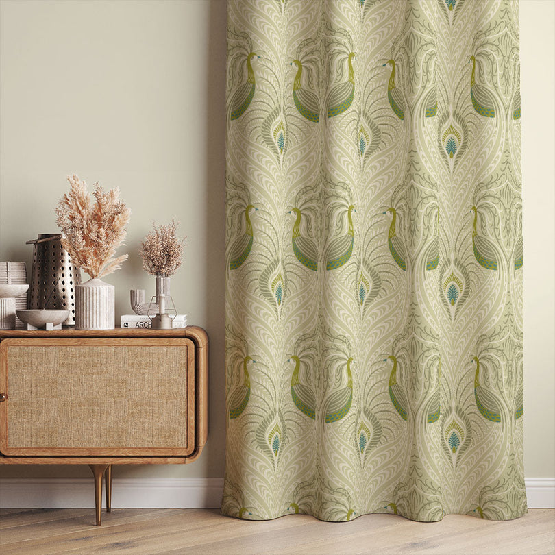 Deco Peacock Linen Curtain Fabric - Sage