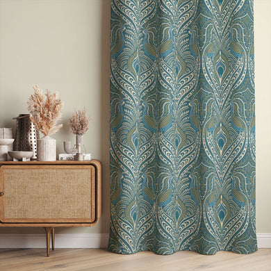 Deco Peacock Linen Curtain Fabric - Teal