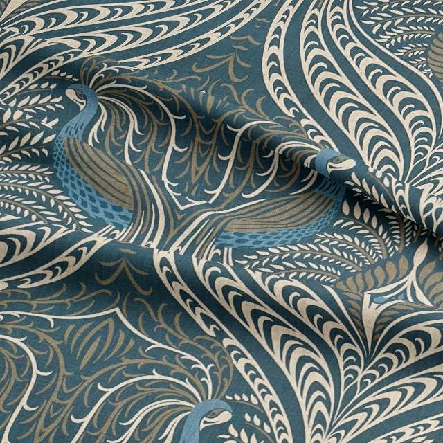 Deco Peacock Cotton Linen Curtain Fabric For Sale - Teal