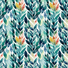 Delamere blue and green leaf curtain fabric with layered watercolour foliage and coral and ochre accents
