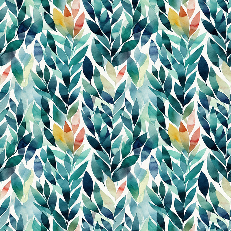 Delamere blue and green leaf curtain fabric with layered watercolour foliage and coral and ochre accents