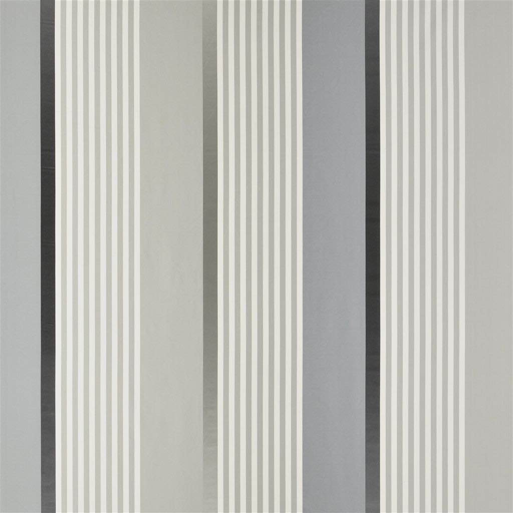 Designers Guild Bellariva Silk curtain fabric in Dove with elegant grey stripes.