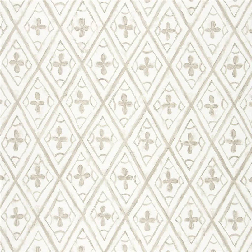 Designers Guild Tasuki curtain fabric in Linen with a diamond lattice floral pattern.