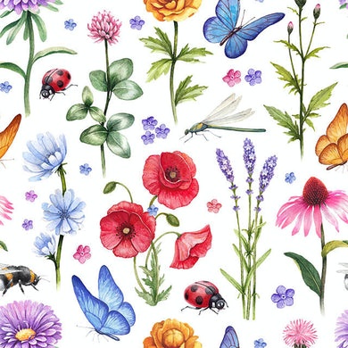 Dragonfly Meadow Linen Fabric Sample - White