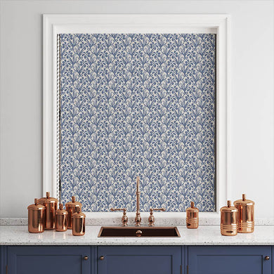  Beautifully draped Duloe Cotton Curtain Fabric in Blue, creating a chic and sophisticated window treatment