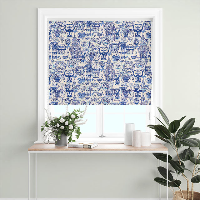 Dynasty Linen Curtain Fabric - Blue