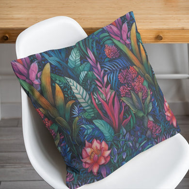 Ecuador Floral Cotton Curtain Fabric – decorative tropical cushion on chair with vibrant floral design