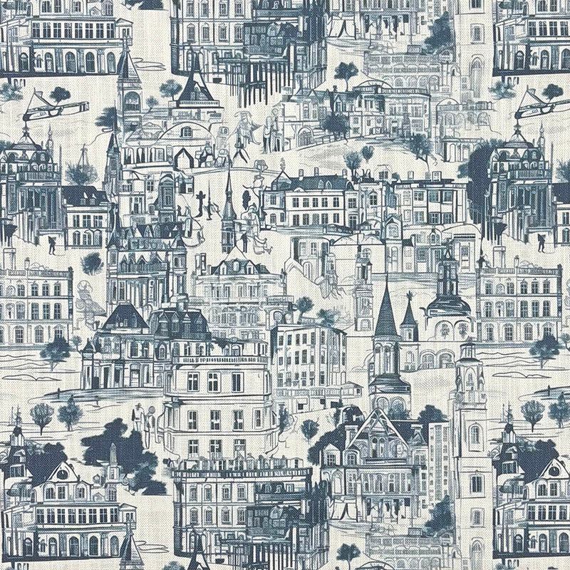 Edinburgh indigo linen curtain fabric with a detailed architectural cityscape in a flat view