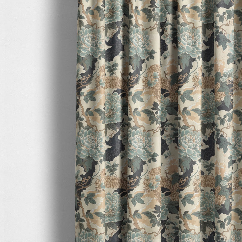 Edo Duck Egg Linen Curtain Fabric styled as curtains with Japanese floral and dragon design