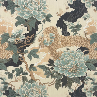 Edo Linen Curtain Fabric Delft – Japanese floral and dragon design