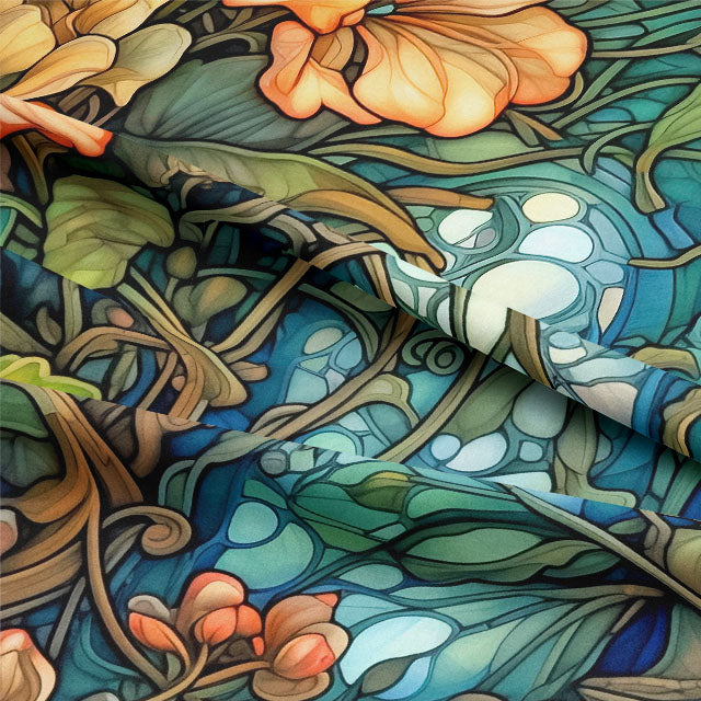 Elegant and luxurious linen curtain fabric with enchanting forest pattern