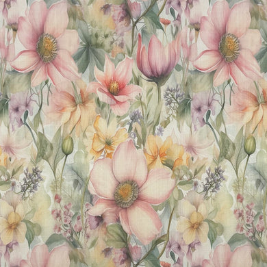 English Garden Blush floral linen curtain fabric with soft pink flowers