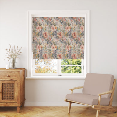 English Garden Peach floral linen curtain fabric with warm orange flowers
