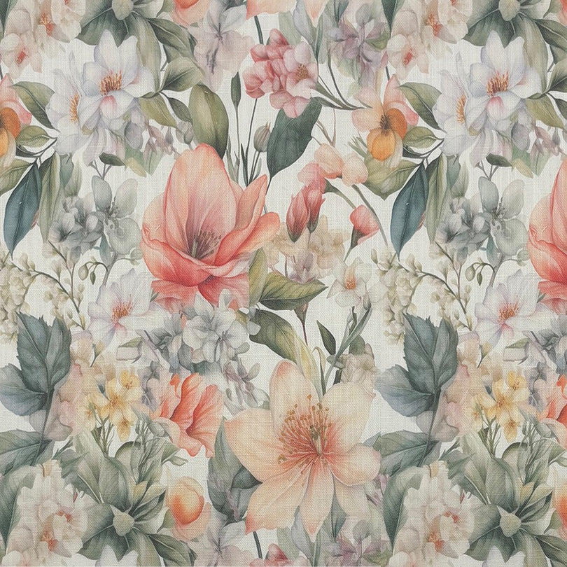English Garden Salmon floral linen curtain fabric with pink-toned flowers