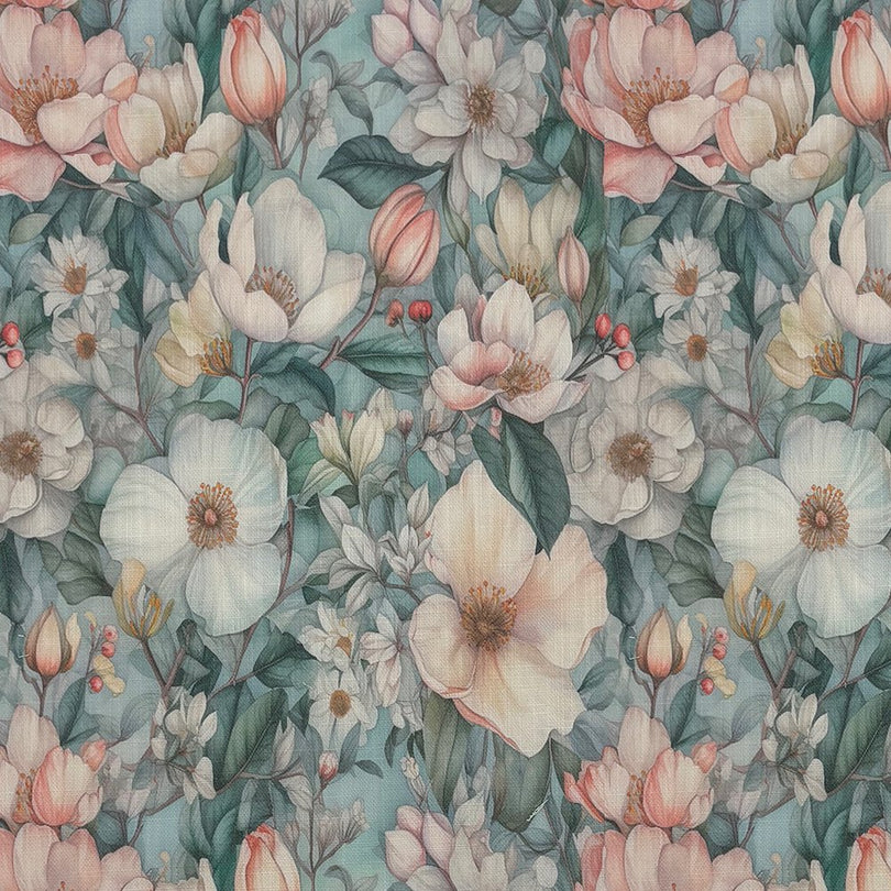 Detailed image of English Garden Verdigris linen curtain fabric with white blossoms