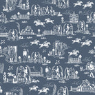 Blue equestrian toile curtain fabric with detailed horse and countryside print on washable polyester