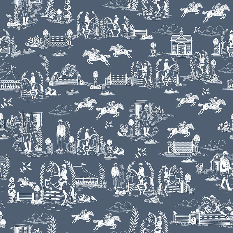 Blue equestrian toile curtain fabric with detailed horse and countryside print on washable polyester