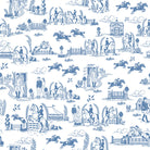 Blue and white equestrian toile fabric with classic horse scenes for curtains and Roman blinds