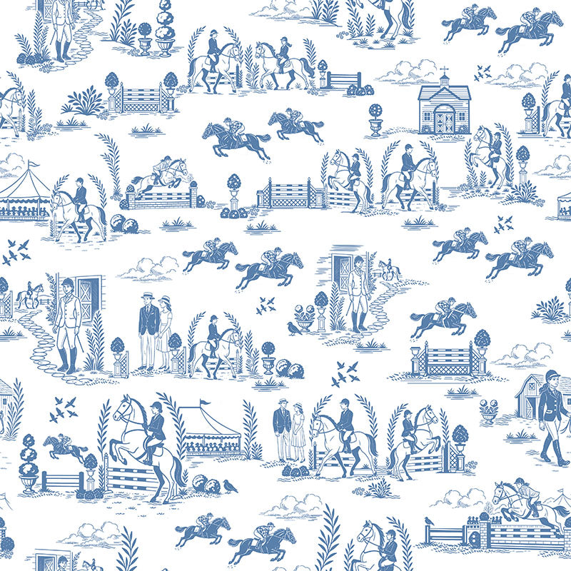 Blue and white equestrian toile fabric with classic horse scenes for curtains and Roman blinds