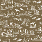 Brown equestrian toile curtain fabric featuring heritage horse and rural landscape motifs