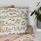 Brown and white horse toile curtain fabric made into a decorative country cushion