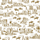 Brown and white equestrian toile fabric in a classic washable curtain fabric design