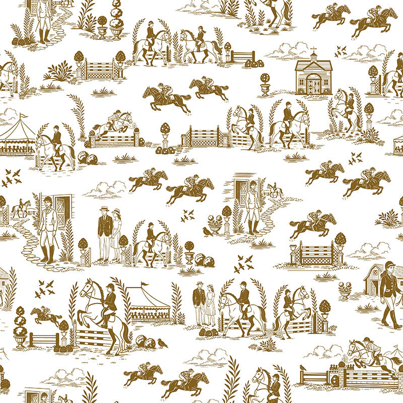 Brown and white equestrian toile fabric in a classic washable curtain fabric design
