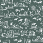 Green equestrian toile curtain fabric with detailed horses and countryside scenery