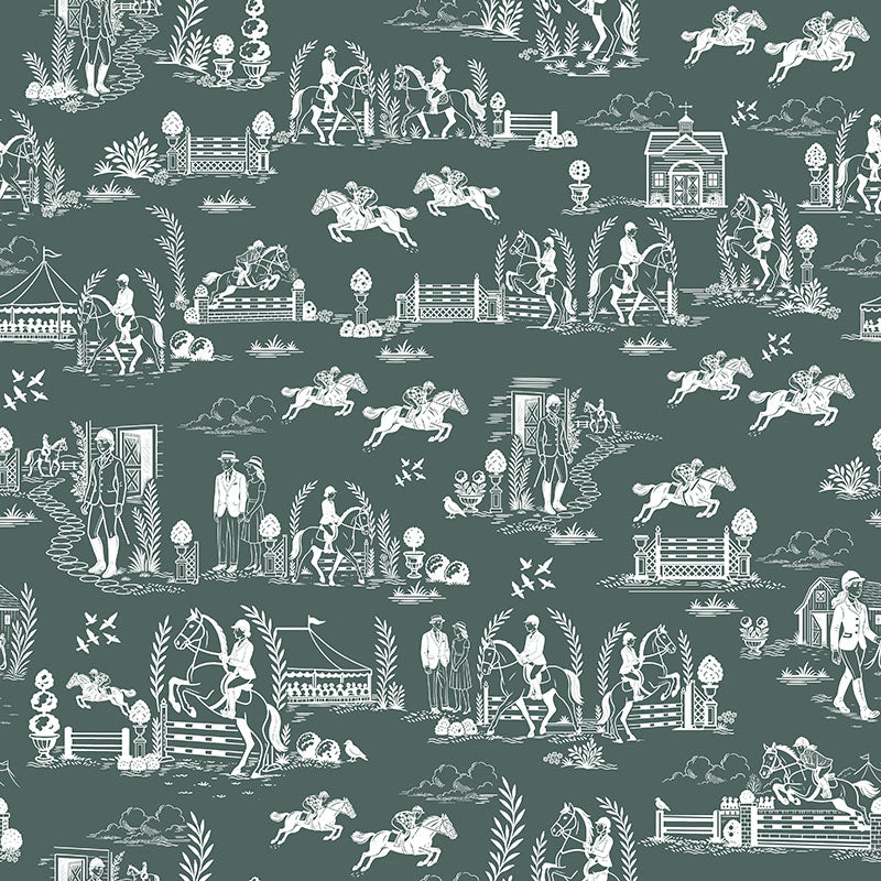 Green equestrian toile curtain fabric with detailed horses and countryside scenery