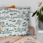 Green and white equestrian curtain fabric cushion with traditional horse toile pattern