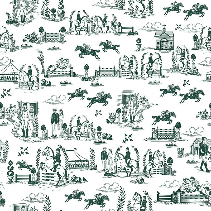 Green and white equestrian toile fabric for country curtains, Roman blinds and cushions