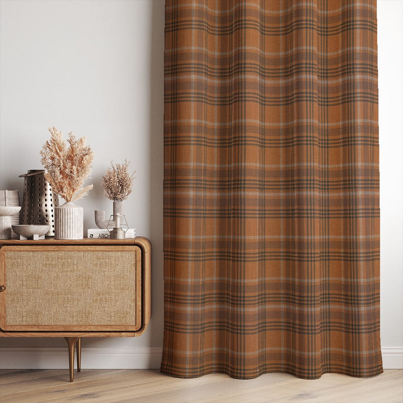 Etive Linen Plaid Curtain Fabric styled as drapes in a mid-century modern interior
