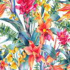 Exotic multicoloured tropical velvet fabric with vibrant orange, pink and yellow flowers among blue-green foliage