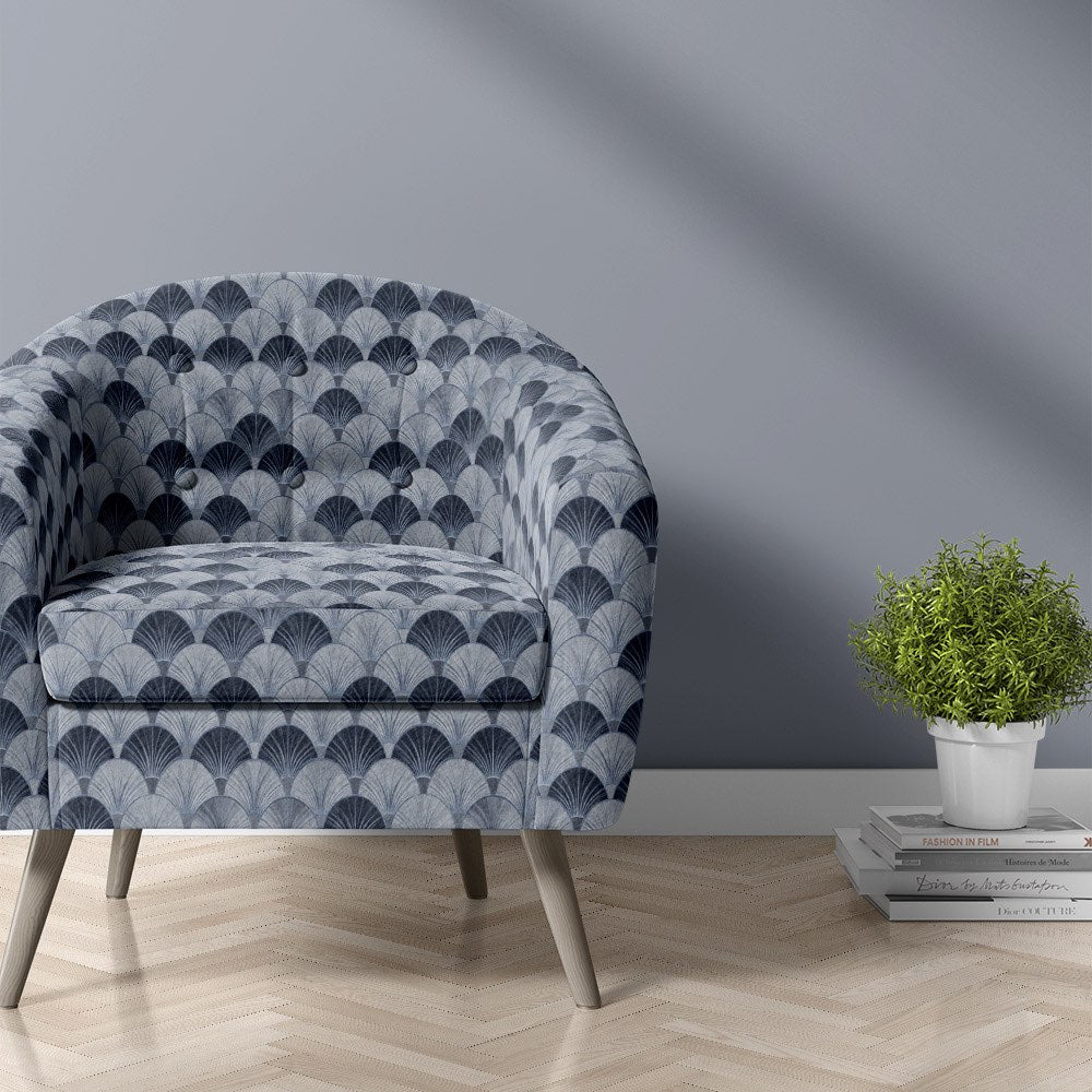 Fans blue velvet upholstery fabric art deco fan chair