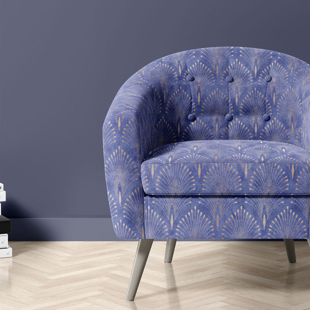 Feathercrest Blue velvet upholstery fabric on chair for statement Art Deco interiors