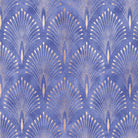 Feathercrest Blue patterned velvet fabric flat lay with decorative Art Deco feather fan repeat