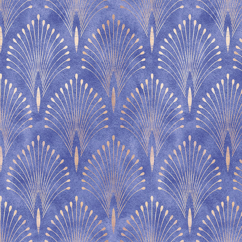 Feathercrest Blue patterned velvet fabric flat lay with decorative Art Deco feather fan repeat