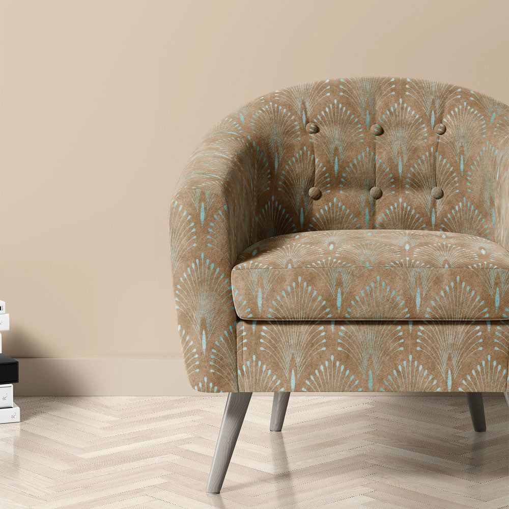 Feathercrest Bronze Crib 5 velvet fabric upholstered on a chair with plume style pattern