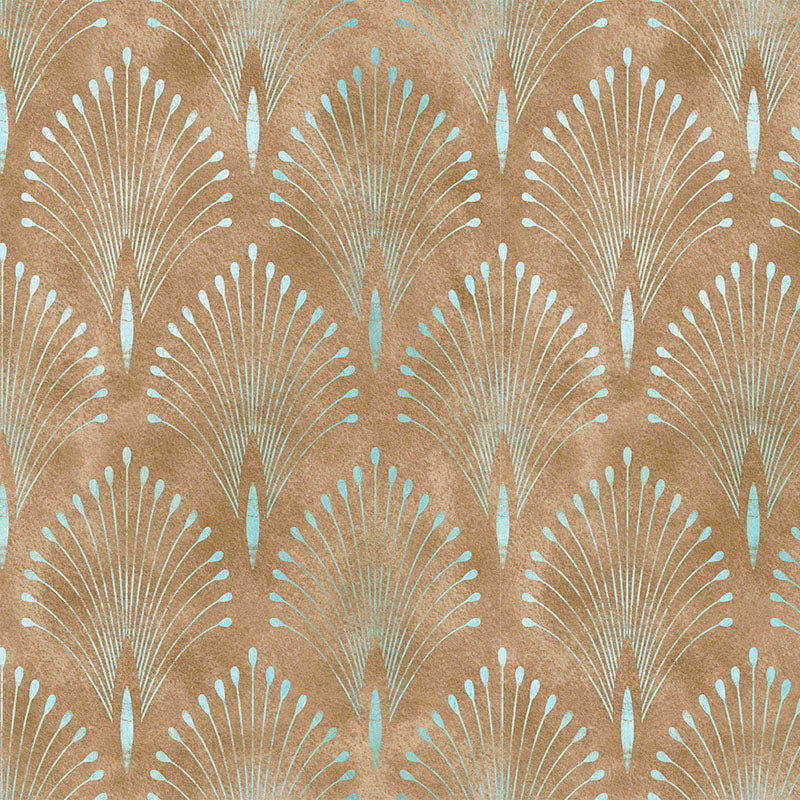 Feathercrest Bronze velvet upholstery fabric flat image with warm brown Art Deco fan pattern