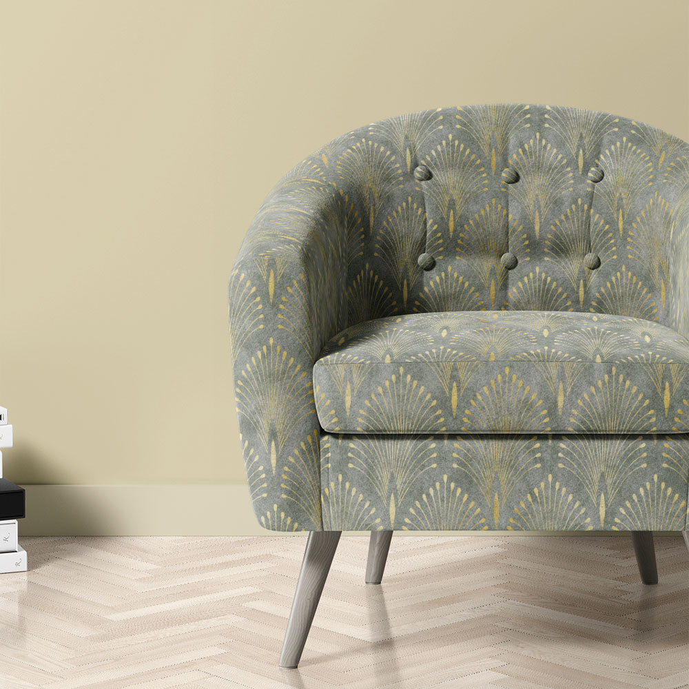 Feathercrest Fossil fire retardant upholstery velvet shown on chair in soft neutral tones