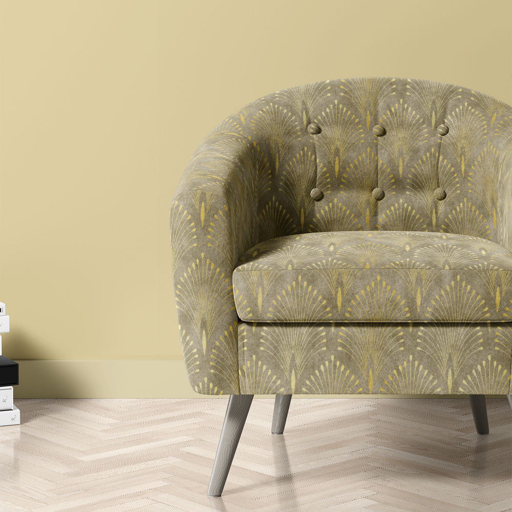 Feathercrest Gold patterned velvet upholstery fabric on chair for luxurious Art Deco seating