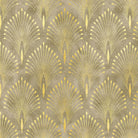 Feathercrest Gold Art Deco velvet fabric flat image with yellow gold fan and plume motif
