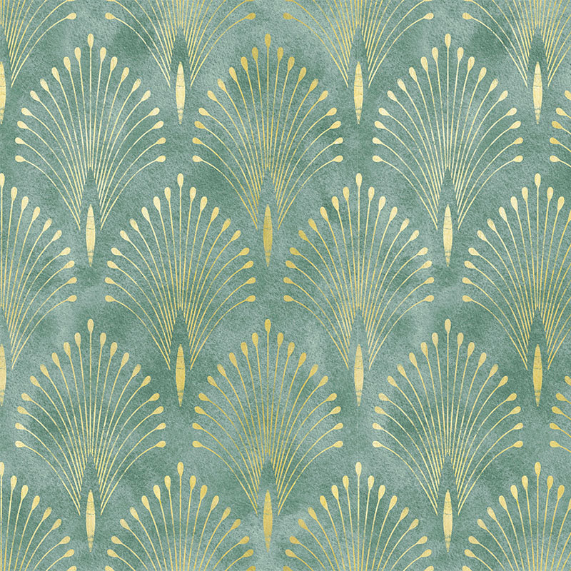 Feathercrest Green Crib 5 velvet fabric flat image with green Art Deco feather fan repeat