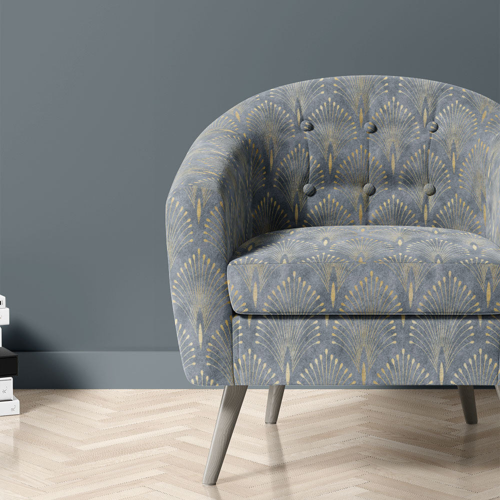 Feathercrest Grey velvet upholstery fabric shown on chair for contract and home seating