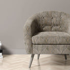 Feathercrest Stone fire retardant patterned velvet fabric upholstered on a chair
