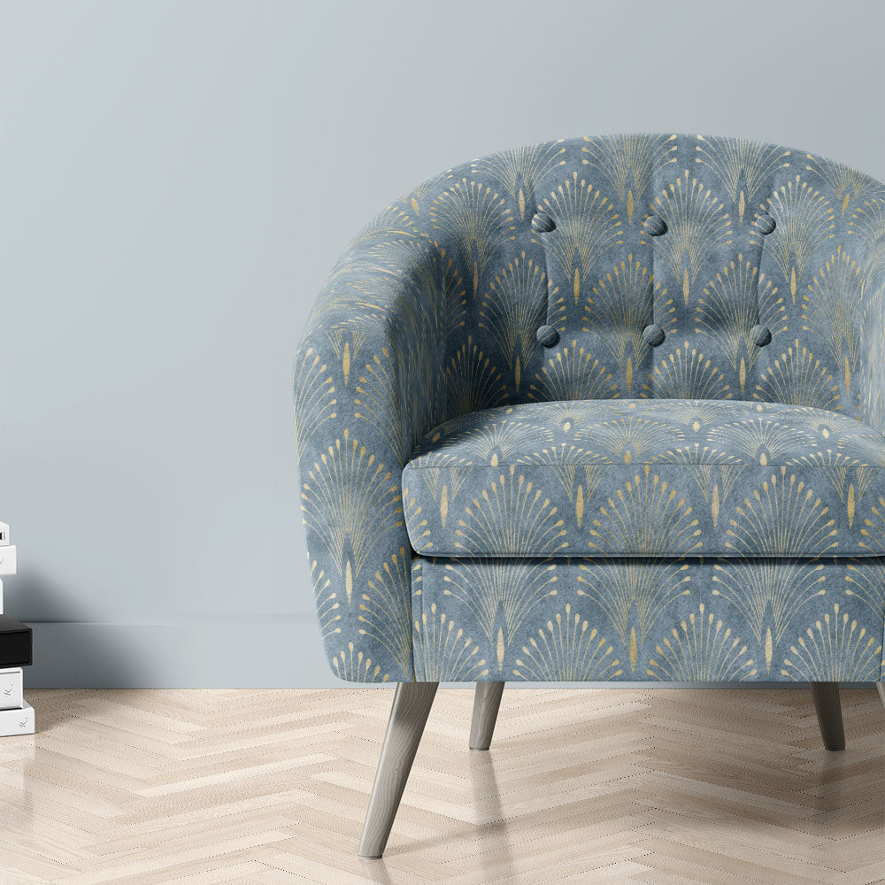 Feathercrest Wedgwood Crib 5 velvet upholstery fabric shown on a chair in soft blue tones